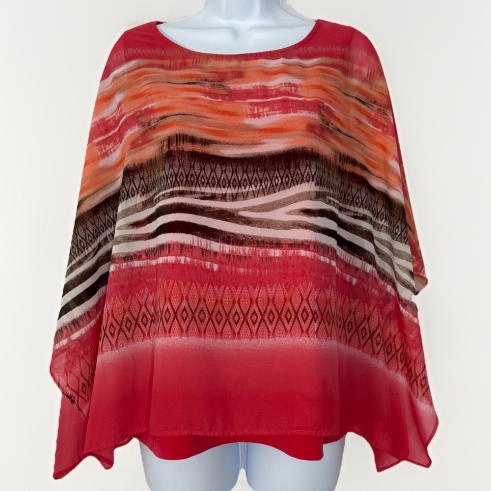 Chico's Size 0 (Sm4) Red Chiffon Poncho Blouse Tank‎ Sheer Overlay Abstract